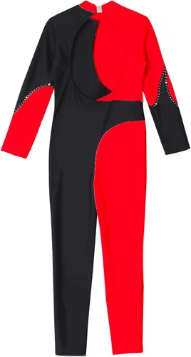 Vista 5 de Loyan Overol de manga larga para niña, overol de una pieza, body de gimnasia y ballet, leotardo de danza Negro&rojo