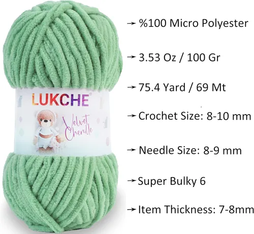 Vista 3 de Hilado de chenilla de terciopelo para amigurumi y punto de crochet súper voluminoso 100 gr (69,0 m) (Grosor del hilo 8 mm) (Verde espárrago) 1