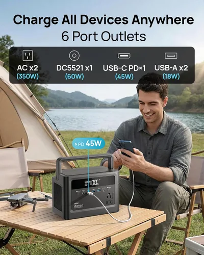 Vista 3 de Estación de energía portátil de 350 W, 230.4 Wh, batería LiFePO4 de 110 V, salida de CA de onda sinusoidal pura con carga rápida PD, generador solar