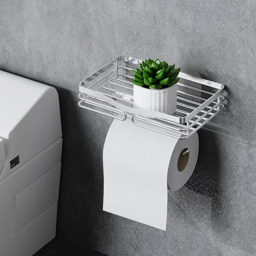 Vista 4 de Soporte de papel higiénico con estante de almacenamiento, cepillado, montaje sin taladros, se adapta a toallitas húmedas de tamaño Costco, para baño