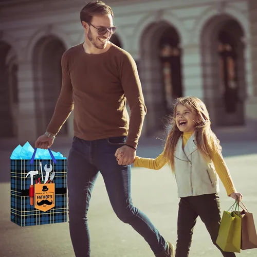 Vista 2 de WaaHome Bolsa de regalo para el día del padre para papá, con papel de seda y asa, 13 x 10.5 x 5.8 pulgadas, bolsa de regalo grande azul para el día
