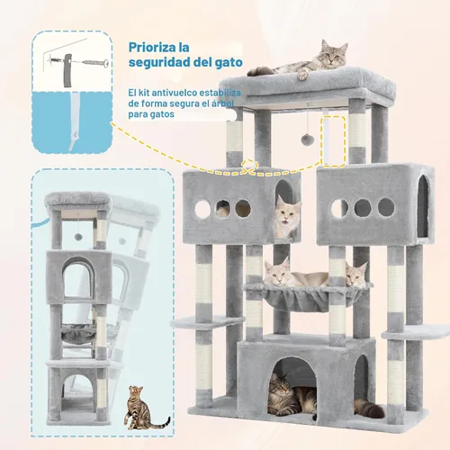 Vista 7 de Hey-brother Torre de árbol para gatos, postes rascadores de sisal grande con plataforma grande, 3 amplios condominios, hamaca de felpa, juguete