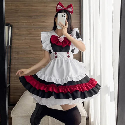 Vista 9 de Disfraz de sirvienta de talla grande disfraz gótico de Lolita negro y rojo disfraz de cosplay de anime para gatos y niñas Lolita lindo XXS