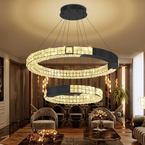 Vista 4 de Candelabro LED de anillo dorado para sala de estar, comedor y dormitorio, lámparas de cristal modernas, iluminación colgante, lámparas ajustables