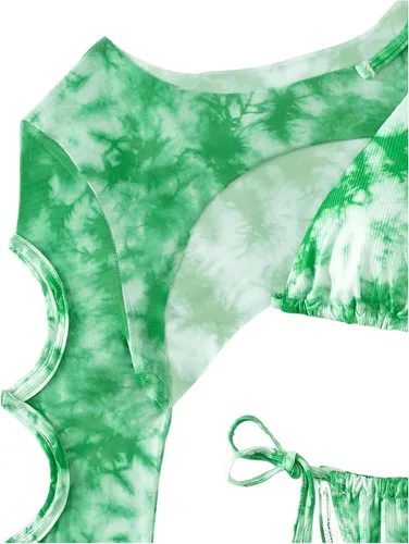 Vista 5 de OYOANGLE Traje de baño de 3 piezas para mujer, diseño de triángulo, teñido anudado, con cuello halter, con corte