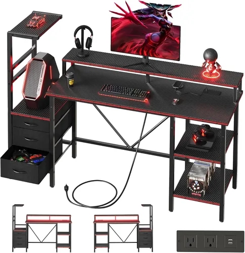 Vista 53 de Mericonia Escritorio para juegos de 52 pulgadas con cajones, escritorio reversible para computadora, color negro