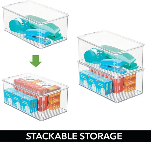 Vista 4 de mDesign Caja organizadora de almacenamiento apilable de plástico para oficina en casa con tapa de bisagra, contenedor para blocs de notas