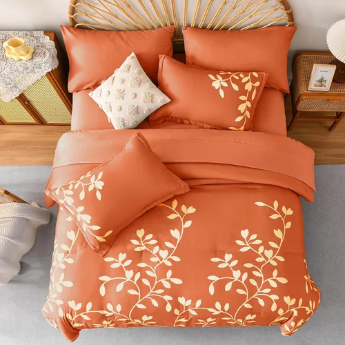 Vista 3 de Juego de edredón tamaño King – Juego de edredón de 7 piezas con estampado botánico floral en naranja con sábanas, juego de ropa de cama