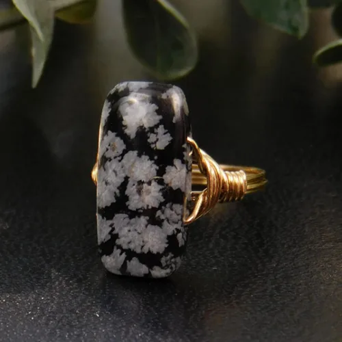 Vista 3 de Black Snowflake Obsidian Rectangle Gemstone Bead in Sterling Silver or 14kt Yellow or Rose Gold Filled Wire Band- Handmade Wire Wrapped Ring- Made