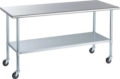 Vista 50 de ROCKPOINT Mesa de acero inoxidable para preparación y trabajo, 14x24 pulgadas; mesa de cocina comercial de metal NSF resistente con estante inferior