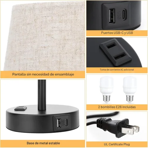 Vista 7 de Mini Lámparas de Mesita de Noche para Dormitorios Juego de 2 - Lámparas de Mesita de Noche para Dormitorio con Puerto USB C y Toma de Corriente AC