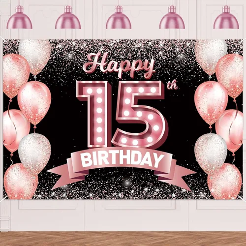 Vista 138 de Cartel de feliz cumpleaños décimo oro rosa, telón de fondo, saludos a 10 años, globos de confeti, decoración temática para niñas de 10 años