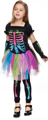Vista 2 de EraSpooky Disfraz de esqueleto de Halloween para niña falda tutú cosplay aterrador