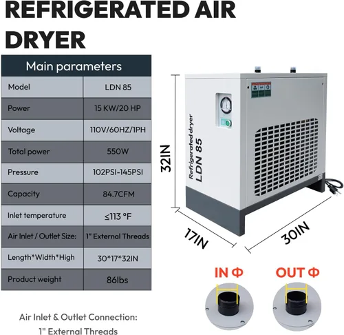 Vista 2 de Secador de aire refrigerado 84.7CFM, 110V 1PH para el compresor de aire