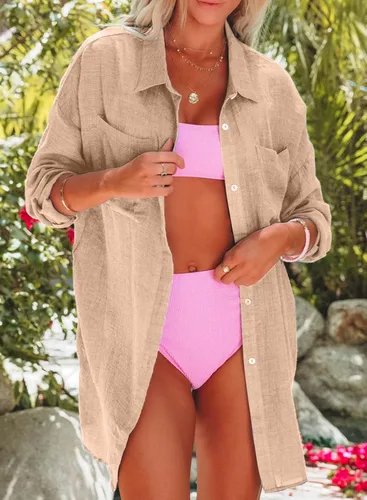 Vista 2 de Dokotoo Camisas de manga larga de algodón con botones para mujer, salida de baño, cárdigans de verano con bolsillos