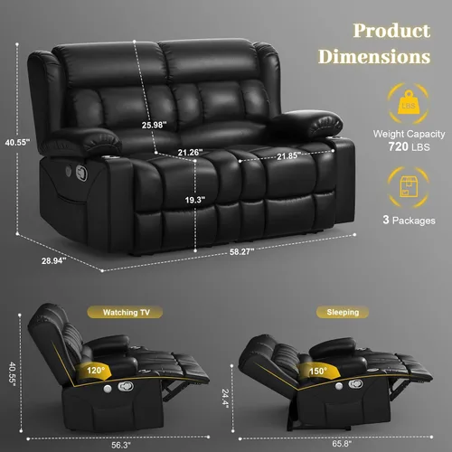 Vista 2 de Juego de sofá reclinable loveseat con 2+1 piezas, 2 plazas estilo minimalista reclinable manual con tirador, loveseat con puertos de carga USB