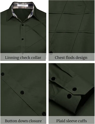 Vista 5 de COOFANDY Camisas de vestir de algodón para hombre, manga larga, cuello a cuadros, ajuste delgado, casual, con botones