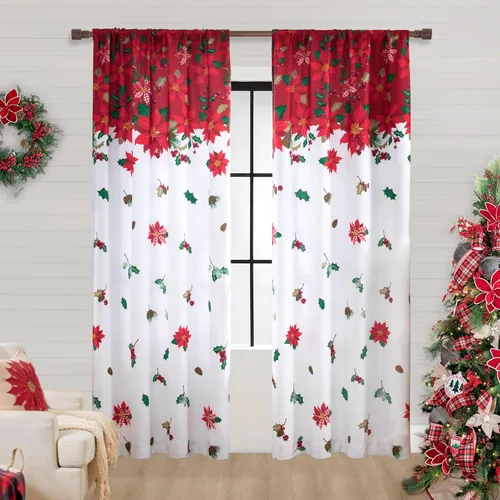 Vista 11 de SHINELAND Cortinas de cocina de Navidad, flor de pascua roja, cortina térmica corta para ventanas pequeñas, cortinas de Navidad para cocina, 45