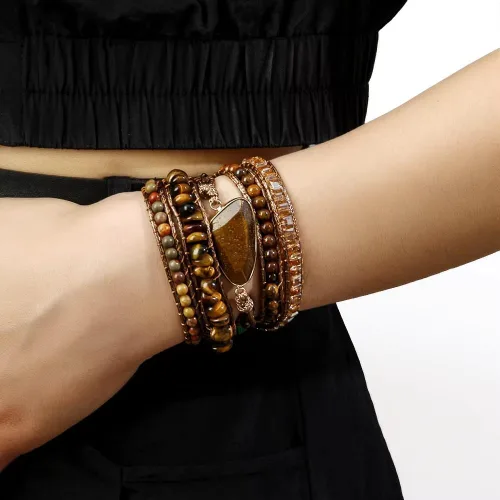 Vista 19 de ZOSOJONA - Pulseras bohemias hechas a mano de piedra natural, que dan vuelta, con cuentas de cristal de turquesa