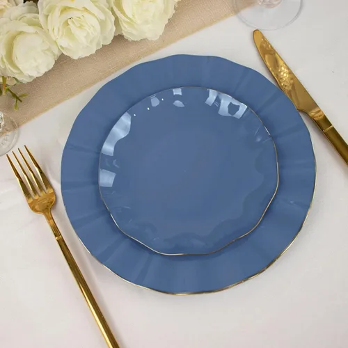 Vista 197 de Tableclothsfactory Paquete de 10 platos redondos de plástico negro de 6 pulgadas para ensalada de postre, platos desechables con borde ondulado