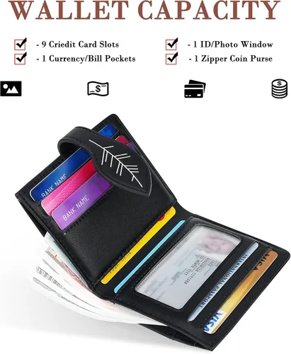 Vista 2 de CONISY Cartera pequeña para mujer, con bloqueo RFID, de piel, delgada, plegable, bolsillo frontal, cartera para mujer con cremallera, Negro