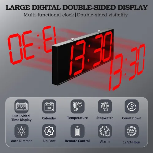 Vista 3 de CHKOSDA Reloj de pared digital grande de 19.5 pulgadas con pantalla de doble cara, reloj digital multifuncional colgante LED con brillo ajustable