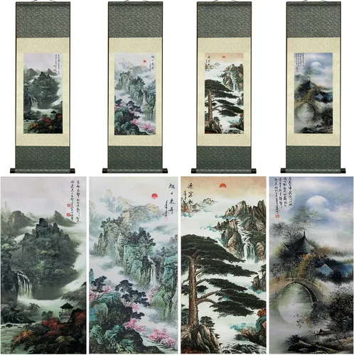 Vista 35 de AtfArt Decoración asiática de pared, hermosa pintura de pergamino de seda del paisaje del río de la cascada - Montaña, primavera, otoño