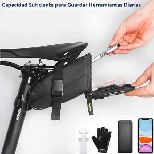 Vista 2 de Kit de herramientas de reparación de bicicletas con mini bomba de bicicleta, bolsa de sillín de bicicleta con luz trasera, multiherramienta