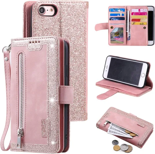 Vista 21 de UEEBAI Funda tipo cartera para iPhone SE 2022 5G/iPhone 7/iPhone 8/iPhone SE 2020, retro con 9 ranuras para tarjetas, bolsillo con cremallera, funda