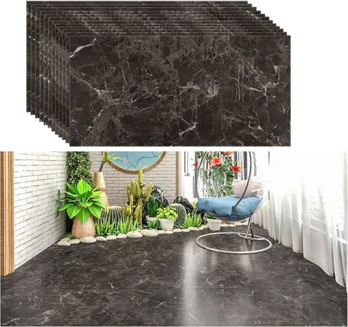 Vista 9 de VEELIKE Azulejos de suelo de mármol negro de 12 x 24 pulgadas para despegar y pegar, para baño, impermeables, autoadhesivas, calcomanías de vinilo