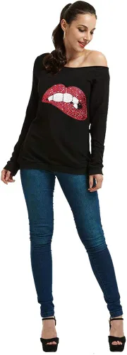Vista 3 de MAGICMK - Sudaderas con hombro descubierto para mujer, manga larga, estampado de labios, casuales