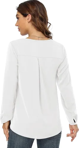 Vista 5 de Jouica Blusas para mujer, blusa casual de gasa, holgada, con cuello en V, manga larga