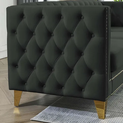 Vista 5 de Antetek Sofás en forma de L para sala de estar, moderno sofá de terciopelo con botones y reposabrazos cuadrados incrustados con cabezas de uñas Negro