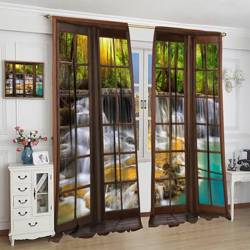 Vista 4 de Cortinas de bosque, bosque natural, cascadas, paisaje, rústico, estilo granja, bolsillo para barra, cortinas insonorizadas para ventana