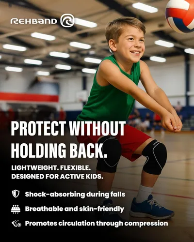 Vista 3 de Rehband Rodilleras para niños, 1 par, protectores de rodilla para voleibol, cómodas y de alta protección, rodilleras infantiles para deportes