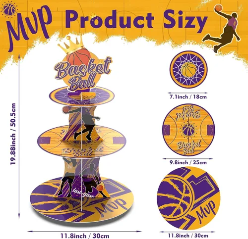Vista 3 de Soporte para cupcakes de baloncesto MVP de 3 niveles con temática de baloncesto, decoración de fiesta de cumpleaños, torre de cupcakes