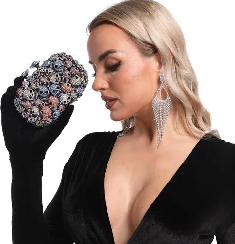 Vista 5 de Boutique De FGG Bolso de mano de cristal de calavera para mujer, bolso de mano de noche con diamantes de imitación, para fiesta, graduación