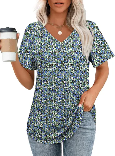 Vista 26 de OFEEFAN Camisetas básicas de manga corta con cuello en V para mujer, ajuste holgado, con dobladillo curvado B-verde