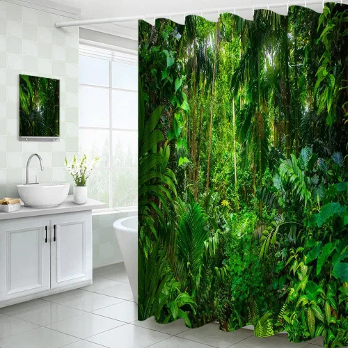 Vista 2 de Cortina de ducha de selva tropical, plantas de selva, hojas verdes, bosque, naturaleza, paisaje, cortina de decoración de baño con ganchos