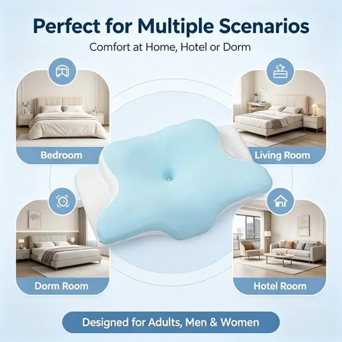 Vista 9 de Almohada cervical de espuma viscoelástica con contorno de mariposa, almohada ortopédica de apoyo para el cuello para dormir de lado y de espalda