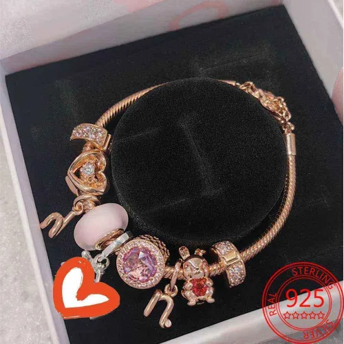 Vista 5 de BEEUVIP Dijes de oro rosa con 26 letras, plata de ley 925 para pulseras Pandora, cuentas iniciales del alfabeto, regalo de joyería para mujeres