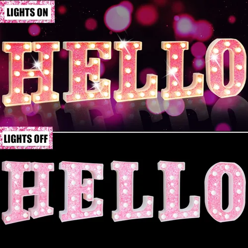 Vista 4 de Letras rosas iluminadas con purpurina, letras del alfabeto rosas, letreros de luces LED en marquesina rosas con batería para iluminación nocturna