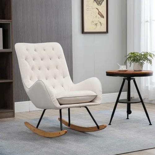 Vista 2 de HOMCOM Mecedora de tela, silla decorativa Mid-Century Wingback, color blanco crema Sillón, acolchonado, balancín, asiento acolchado, base