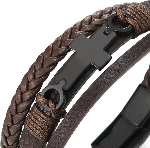 Vista 2 de Pulsera de cuero COOLSTEELANDBEYOND para hombre y mujer, cruz lateral plana, múltiples hebras, estilo brazalete
