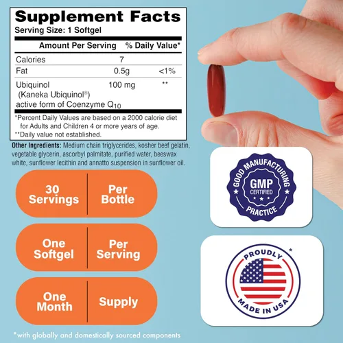 Vista 2 de Health Thru Nutrition Ubiquinol 200 mg 30 cápsulas blandas como Kaneka QH reducido CoQ-10 Estabilizado - Probado por terceros Biodisponibilidad