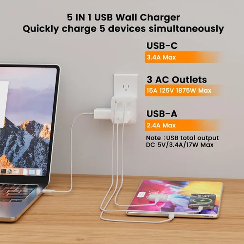 Vista 2 de Extensor de toma de corriente múltiple, 3 salidas de CA con 2 puertos de carga USB (1 USB-C/1 USB-A), regleta de alimentación de 3 lados con labio