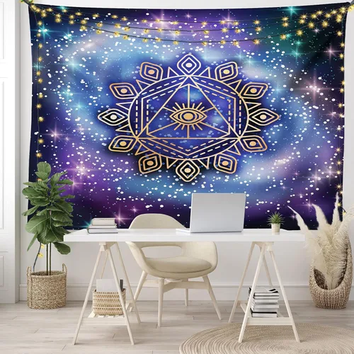 Vista 12 de Ambesonne Tapiz verde, fases lunares alrededor de un árbol de la vida, impresión de diseño bohemio de astrología nocturna, decoración de tela