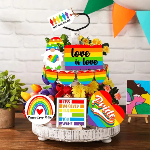 Vista 5 de FairySandy 12 piezas de decoración de bandeja escalonada del orgullo arco iris, decoración de mesa de gnomo, corazón, amor es amor, letrero