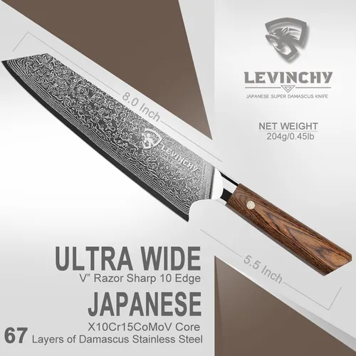 Vista 4 de Cuchillo de chef de damasco hecho a mano de 8 pulgadas con mango de madera de Pakka Cortes de precisión antioxidantes, maniobrables ligeros