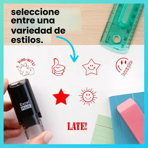 Vista 7 de ExcelMark Sello redondo para profesor - ¡Dino-MITE! - tinta roja